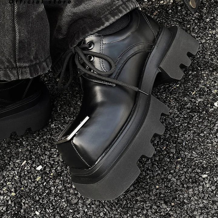 Luxury Punk Gothic Square-Toe Leather Boots