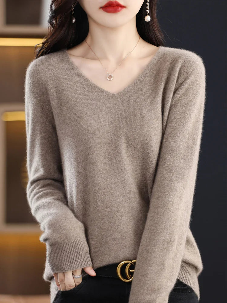 100% Pure Merino Wool Women's V-Neck Sweater