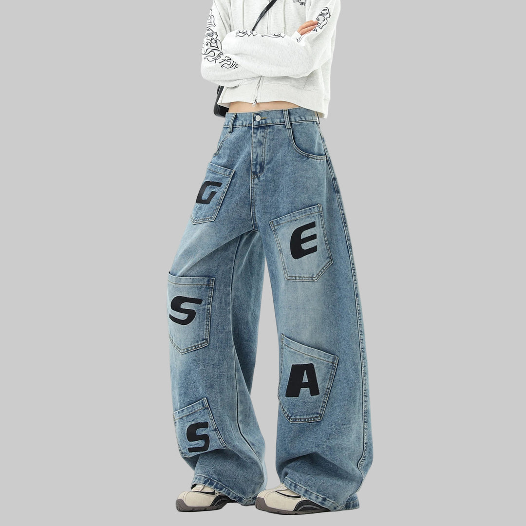 Loose Fit Baggy Jeans-Printed Letters and Multiple Pockets