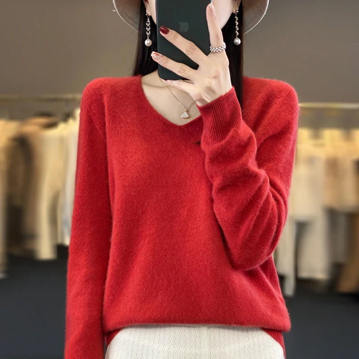 100% Pure Merino Wool V-Neck Autumn Winter Sweater