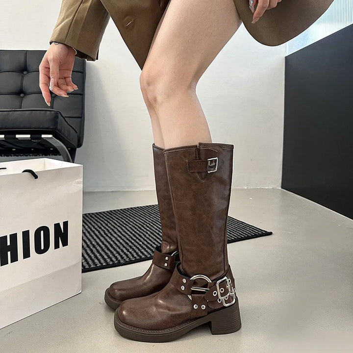 Retro Knee-high round Head Knight Boots