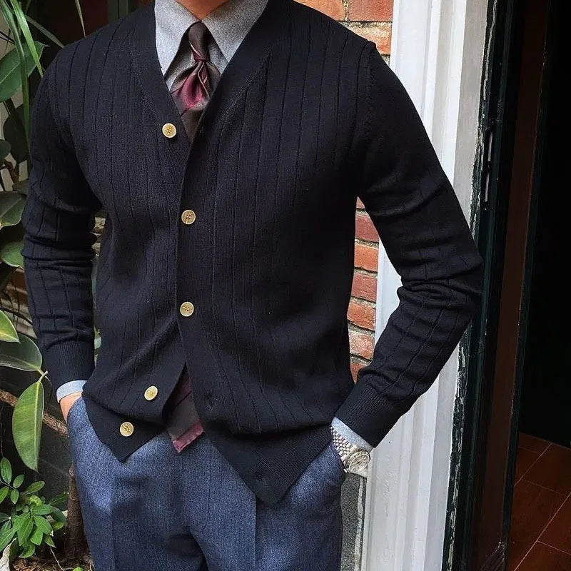 Solid Color V-Neck Slim Fit Knit Business Cardigan