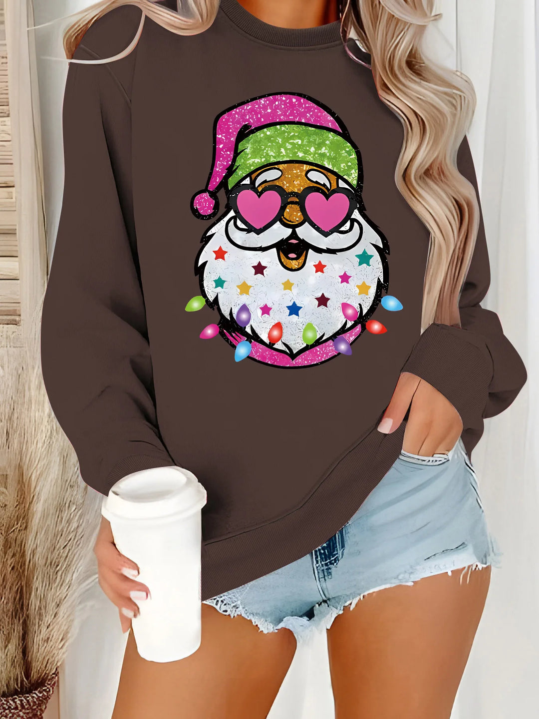 Santa Claus Printed Round Neck Christmas Sweater