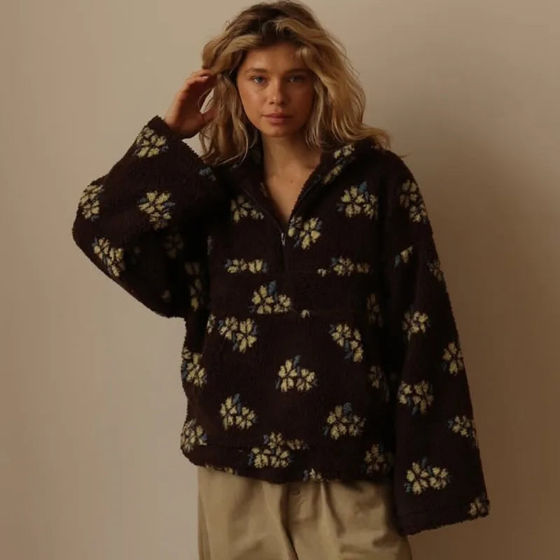 Floral Print Faux Lamb Wool Hoodie with Zipper Pocket