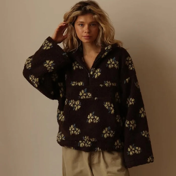Floral Print Faux Lamb Wool Hoodie with Zipper Pocket