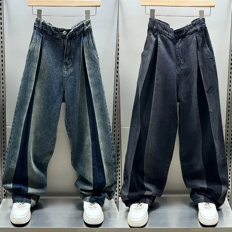 Korean Streetwear Patchwork Oversized Drop Hem Jeans