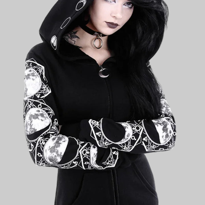 Gothic Punk Black Long-Sleeve Hoodie with Moon Print