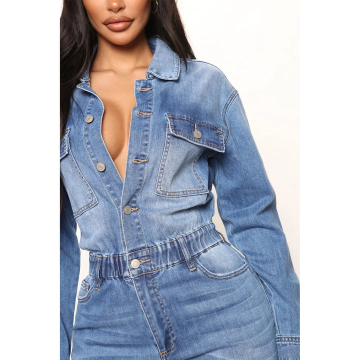 Oversized Collared Long Sleeve High Waist Slim Fit Denim Jumpsuit