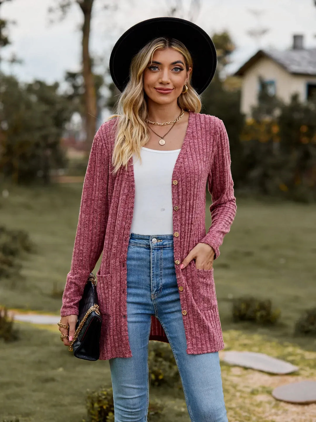 Fleece-Striped V-Neck Long Sleeve Cardigan