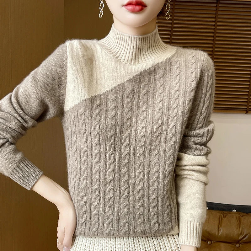 100% Merino Wool Color-Blocked Mock Neck Pullover Sweater