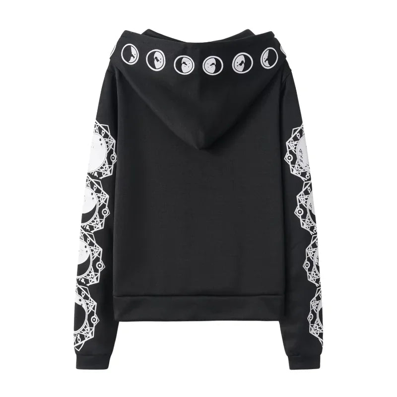 Gothic Punk Black Long-Sleeve Hoodie with Moon Print