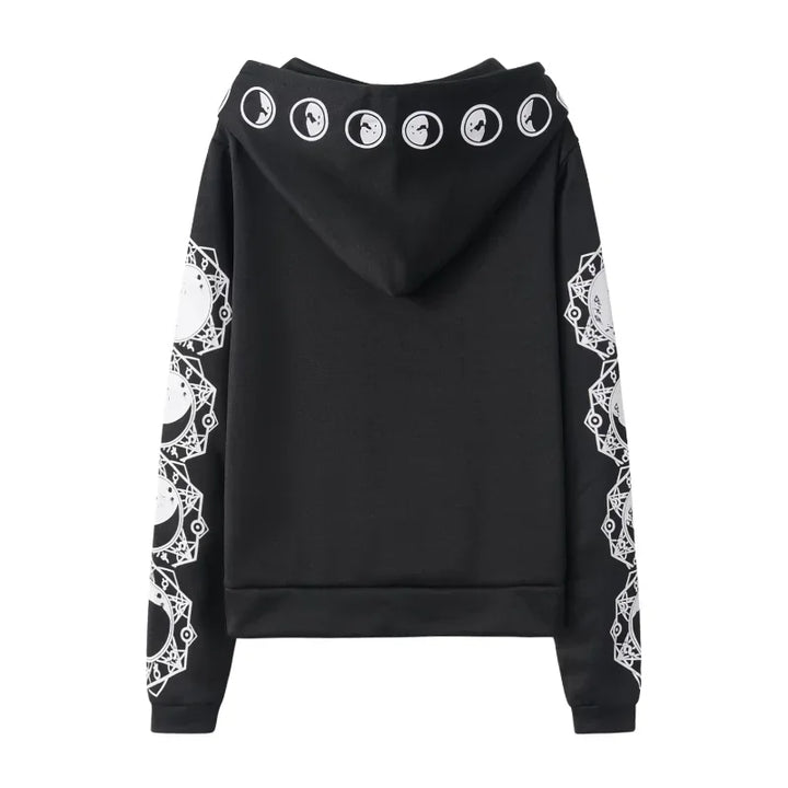 Gothic Punk Black Long-Sleeve Hoodie with Moon Print