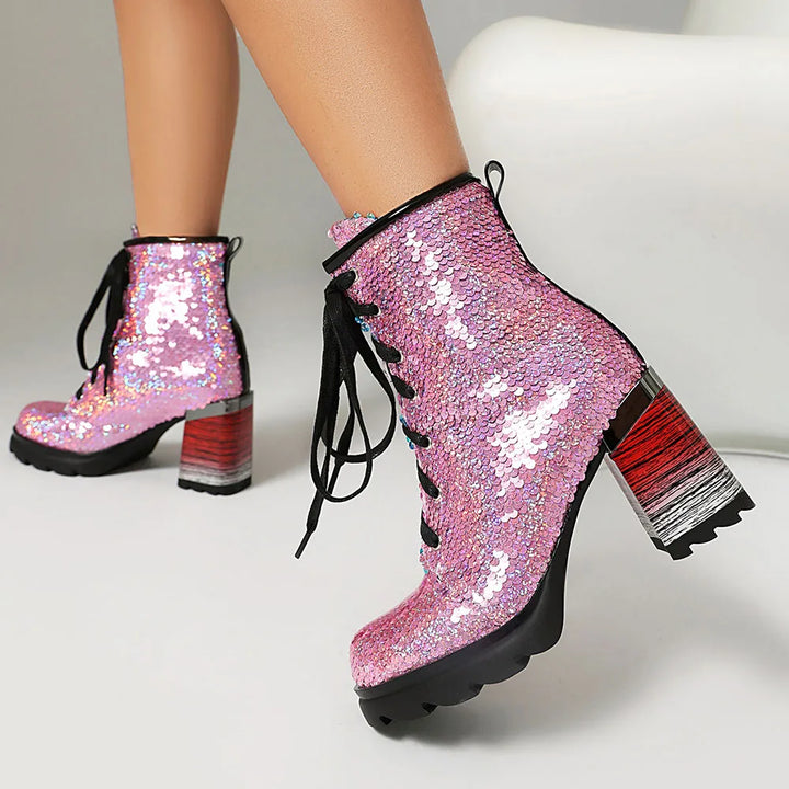 Chunky Lace-up Sequin Ankle Party Boots