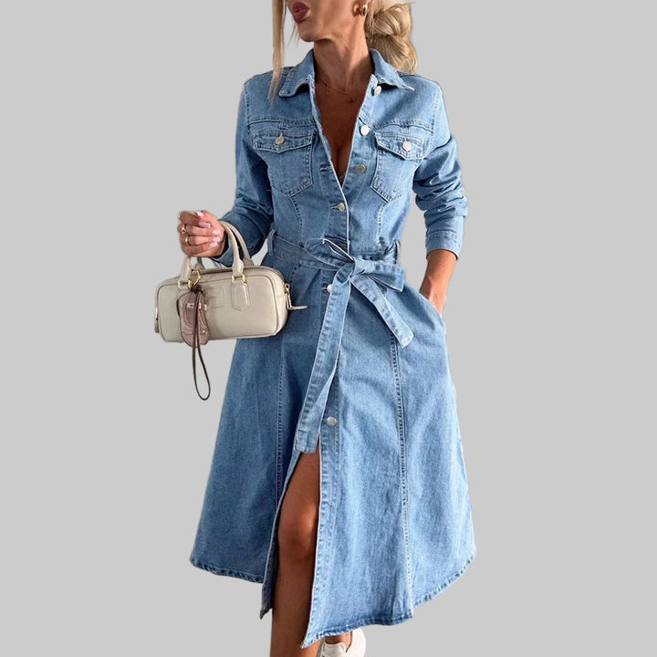 Casual Long Sleeve Solid Slim Midi Dress with High Waist
