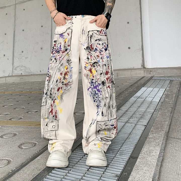 Loose Wide-Leg Contrast Color Graffiti Jeans