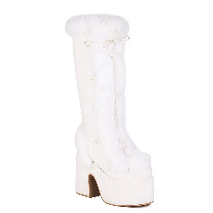 Y2K Punk Faux Fur Chunky Platform Gothic High Heel Boots