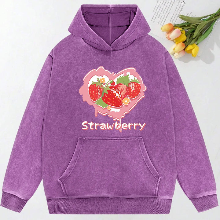Y2K Heart Strawberry Print Washed Hoodie Streetwear