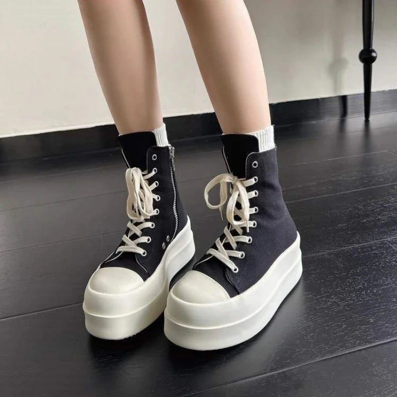 High-Top Lace-Up Canvas Platform Ankle Boots
