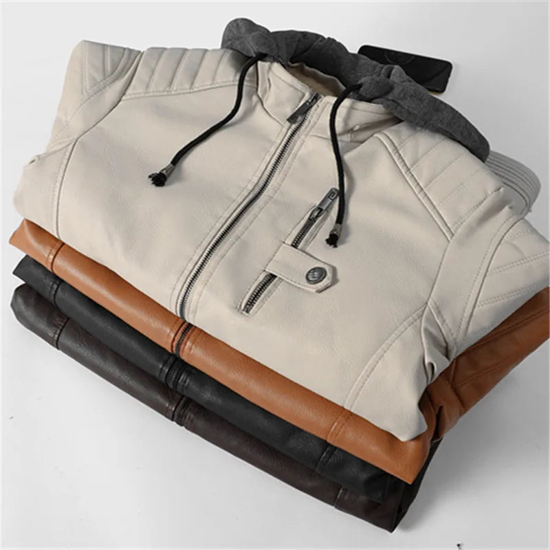 Fleece Lined Leather Hooded Motorcycle Jacket