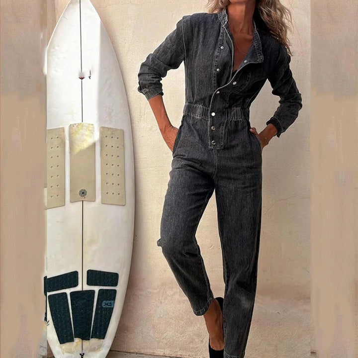 Retro Long Sleeve Slim-Fit Denim Jumpsuit