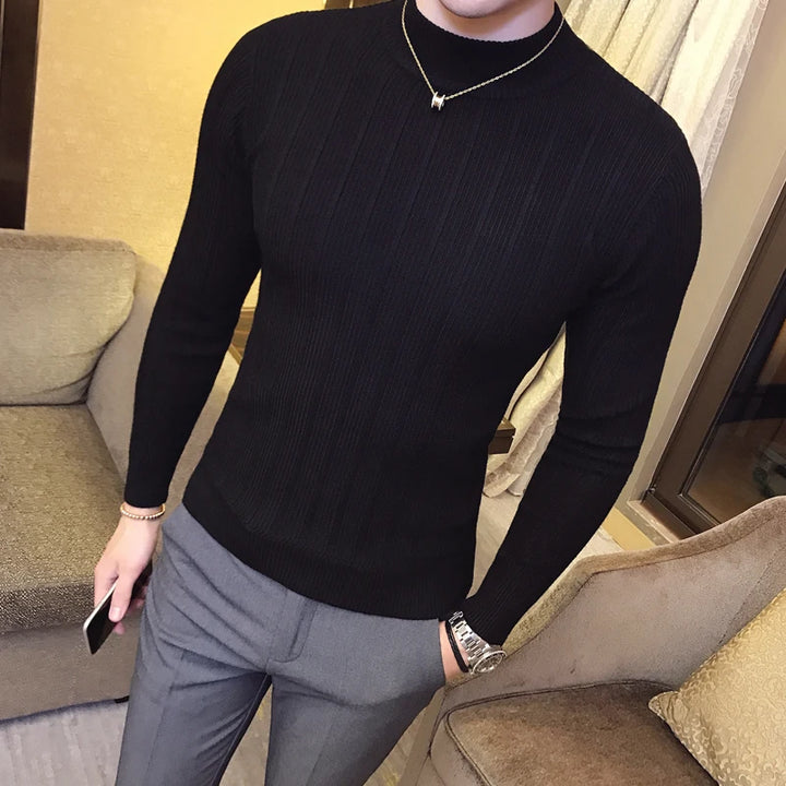 Slim Fit Striped Knit Turtleneck Sweater