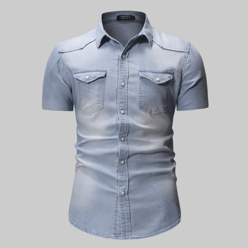 Slim Fit Solid Color Short Sleeve Denim Shirt