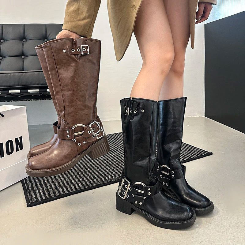Retro Knee-high round Head Knight Boots