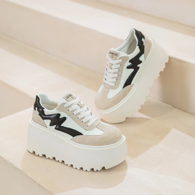 8cm Genuine Leather Platform Wedge Chunky Sneakers