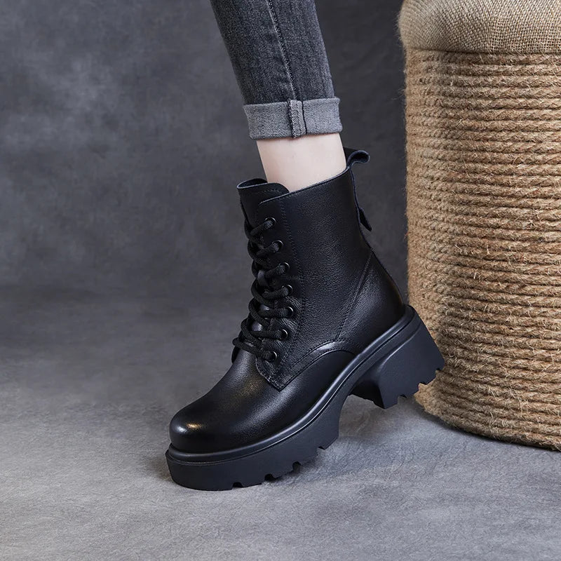 Authentic Leather Chunky Sole Women's British-Inspired Ankle Boots