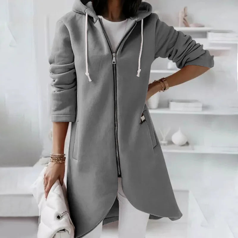 Long Hooded Zip-Up Solid Color Sweatshirt