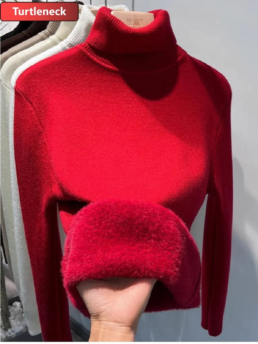 Elegant Women's Thick Velvet Lined Turtleneck Sweater