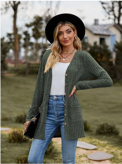 Fleece-Striped V-Neck Long Sleeve Cardigan