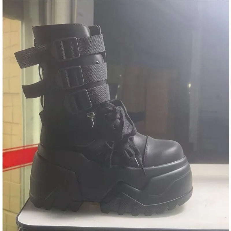 Chunky High Platform 9CM Leather Ankle Booties for Autumn