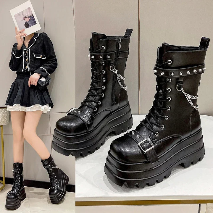 Gothic Lady Buckle Autumn Wedges Knee High Boots