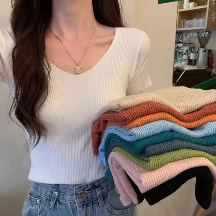 Basic V-Neck Ribbed Knit Pullover - Slim Fit