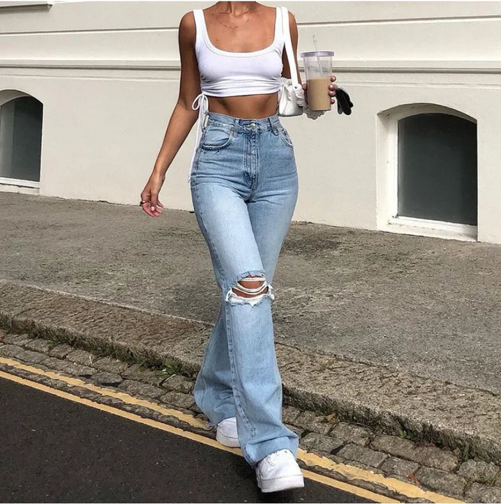 Retro Stretch Ripped Bell Bottom Jeans