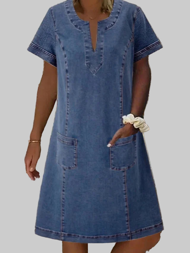 Short Sleeve Loose A-Line V-Neck Denim Dresses