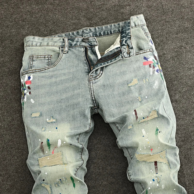 Retro Y2K Scratch-Painted Light Grey Jeans