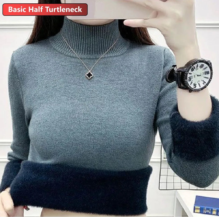 Elegant Women's Thick Velvet Lined Turtleneck Sweater