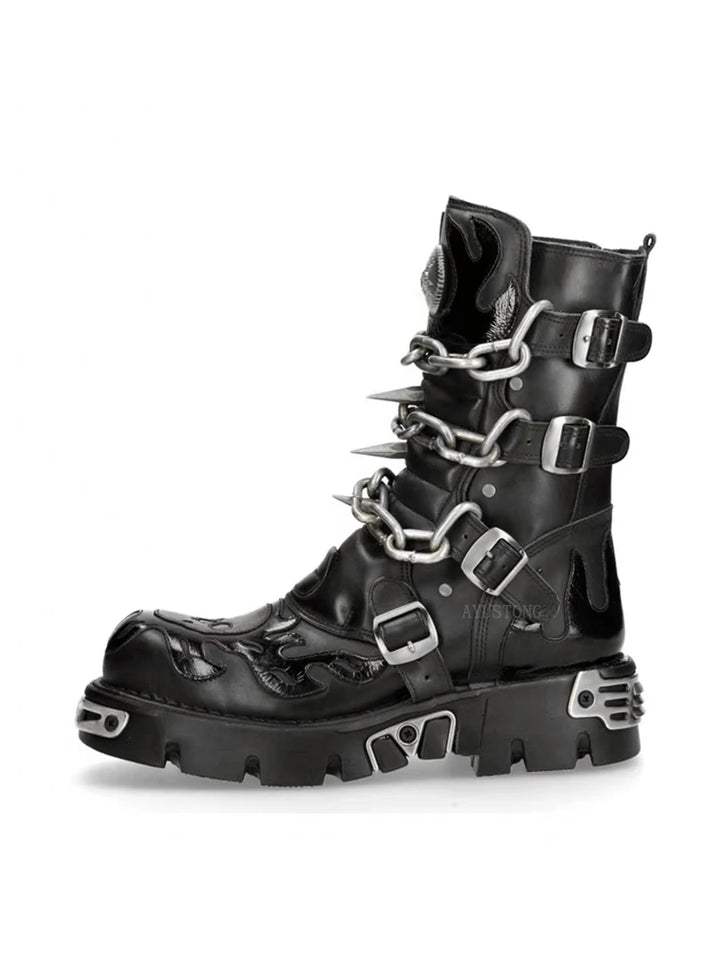 Punk Goth Skull Mid-Calf Motorcycle Boots