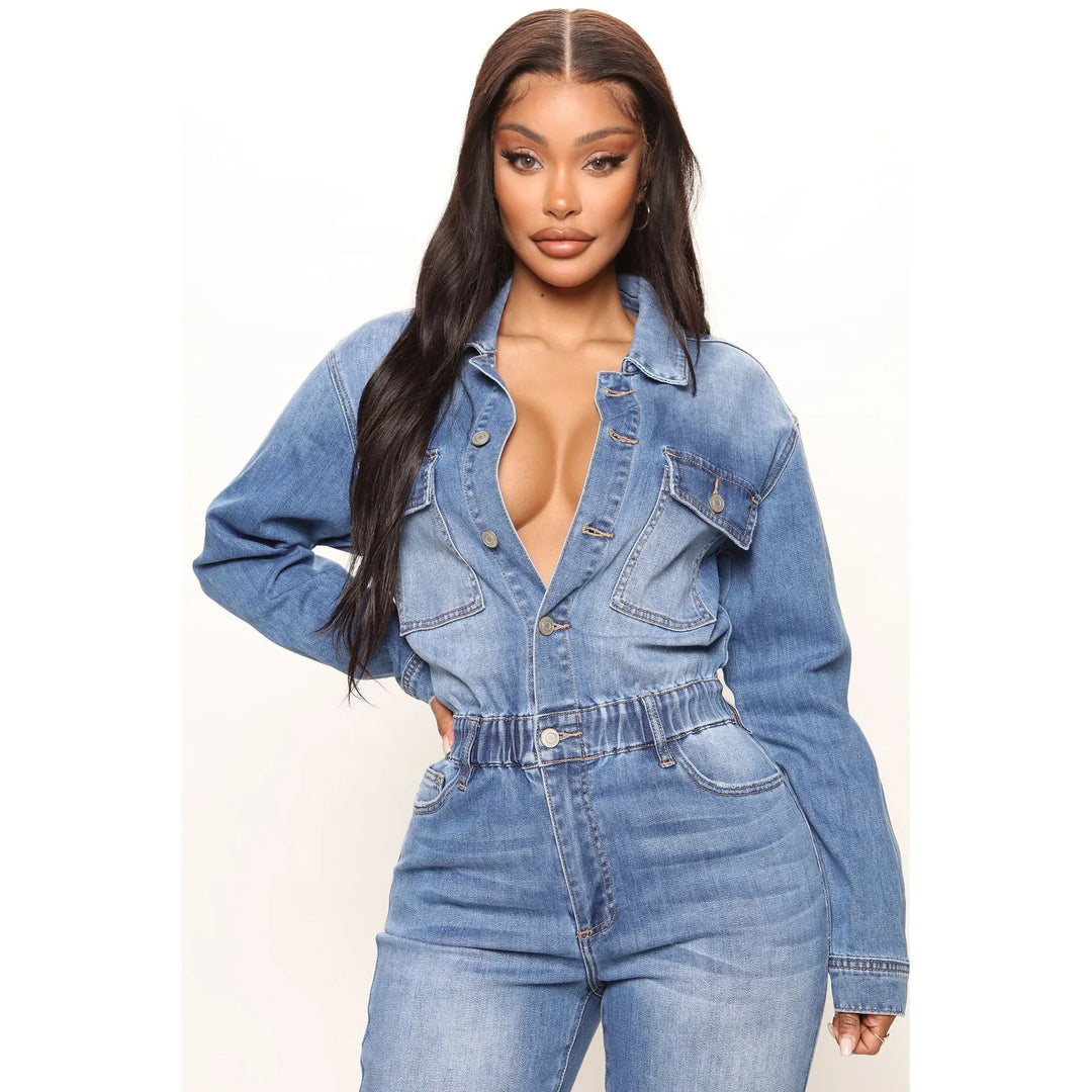 Oversized Collared Long Sleeve High Waist Slim Fit Denim Jumpsuit