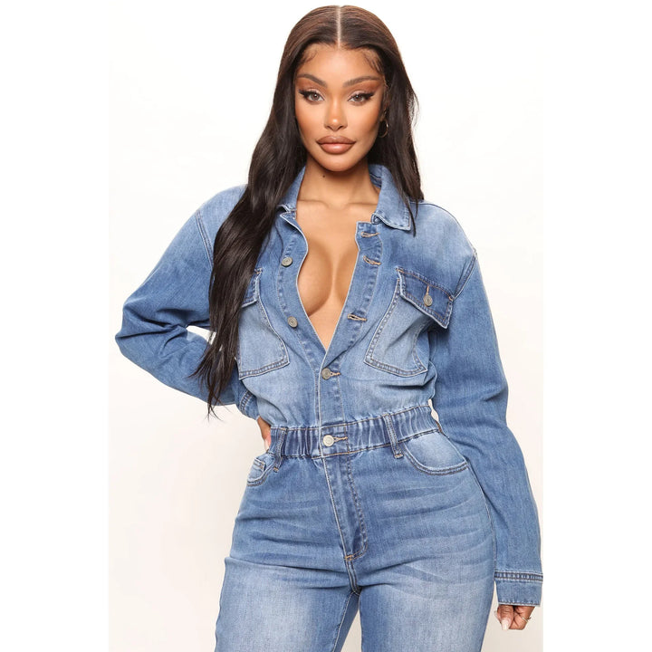 Oversized Collared Long Sleeve High Waist Slim Fit Denim Jumpsuit