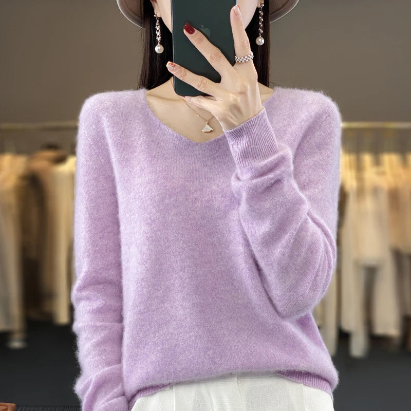 100% Pure Merino Wool V-Neck Autumn Winter Sweater