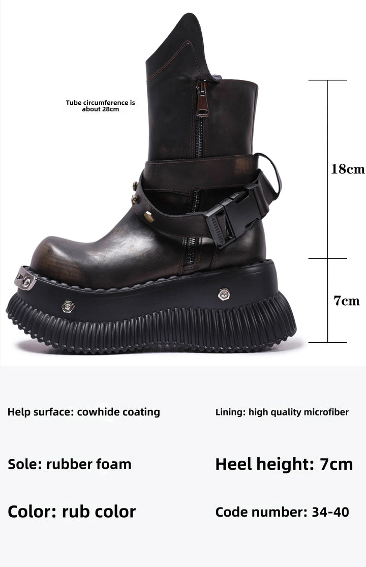 Authentic Leather Mid-Calf Motorcycle Boots with Buckle Strap
