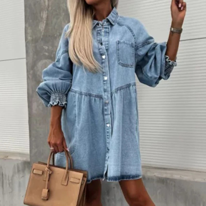 High Waist Denim Dress with Lapel