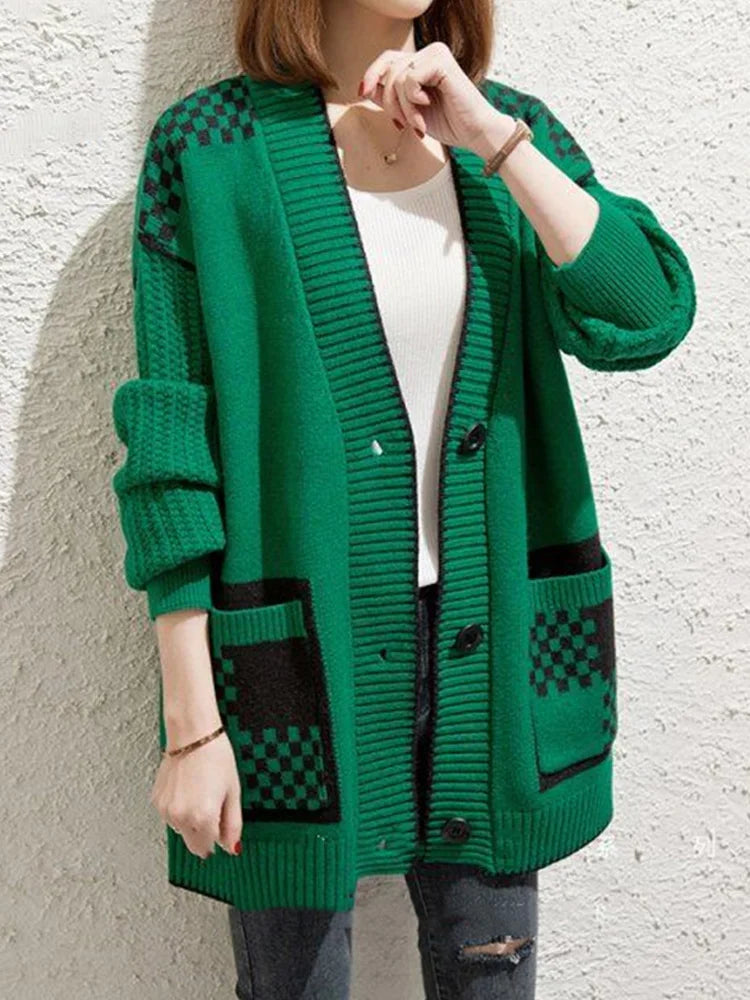 Stylish Plaid Knitted Long Sweater