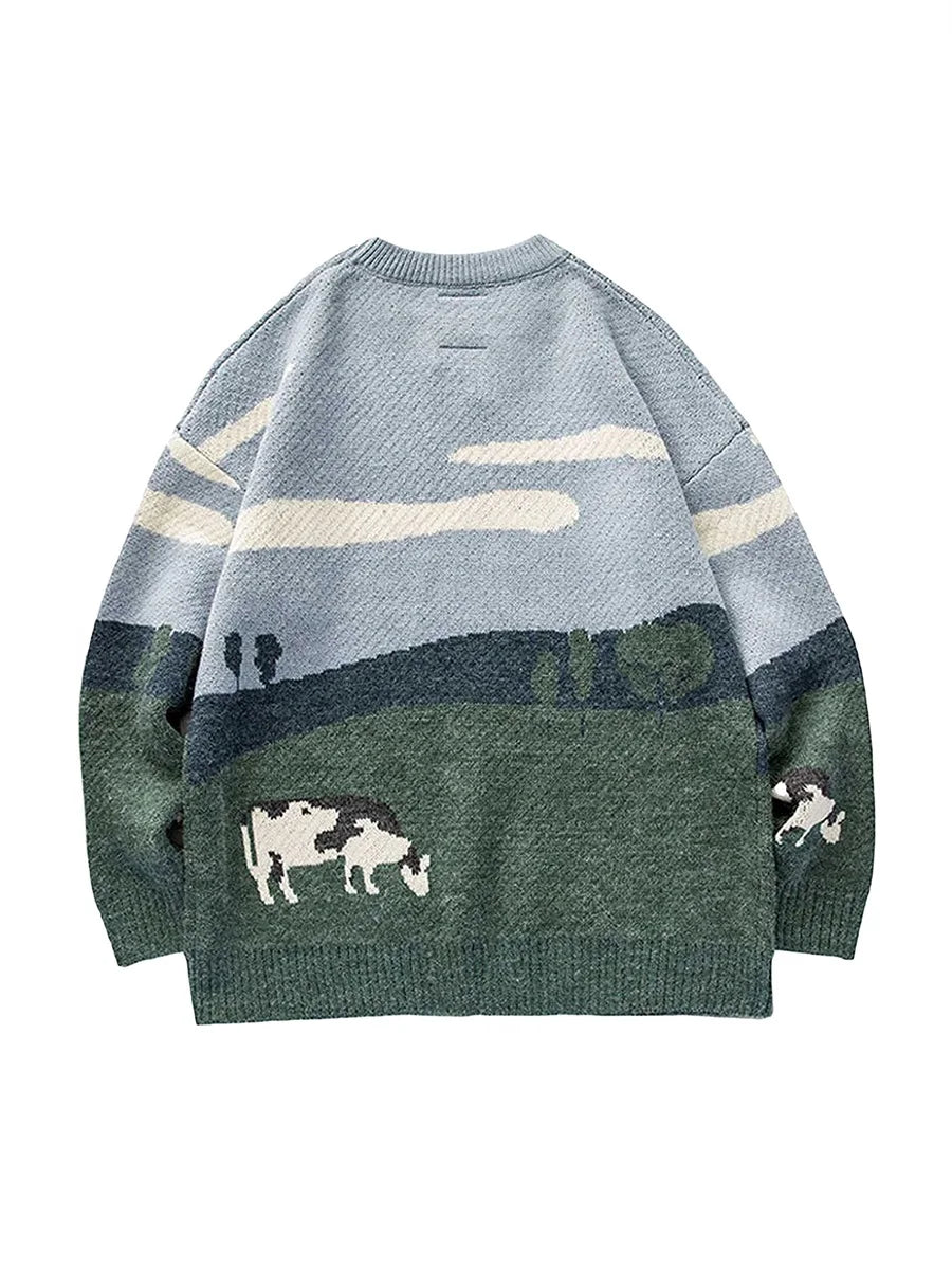 Cozy Cow Print Knitted Winter Sweater