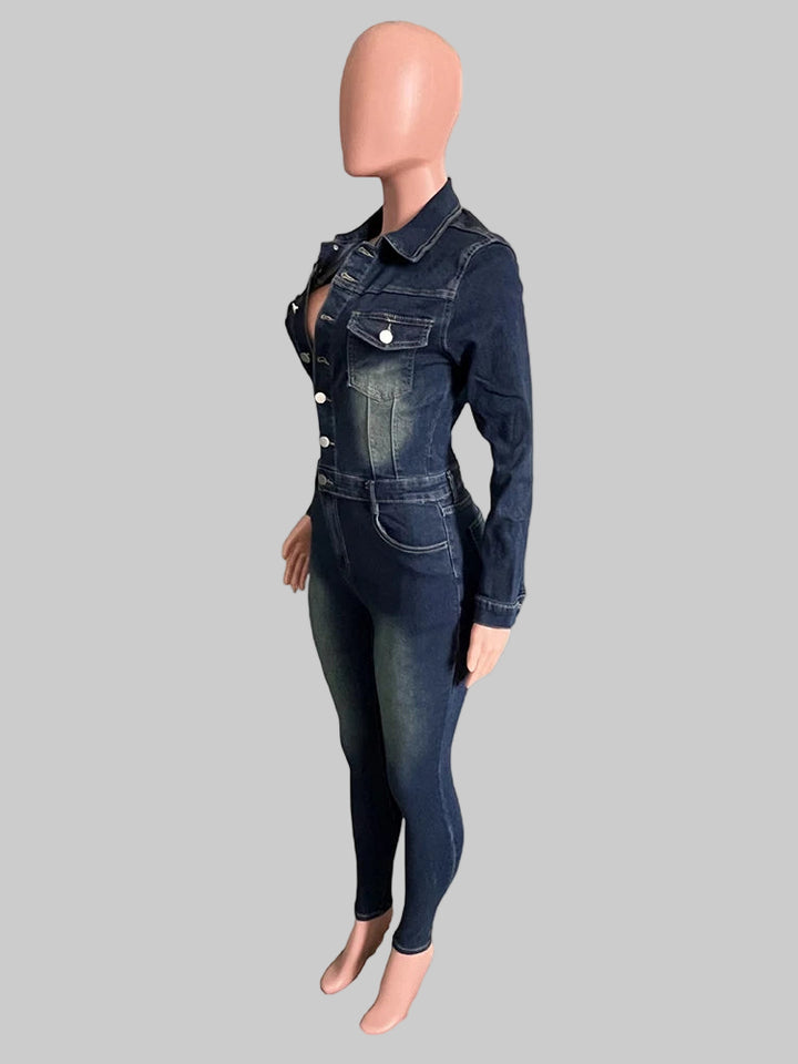 Sexy One-Piece Collared Long Sleeve Slim Overalls