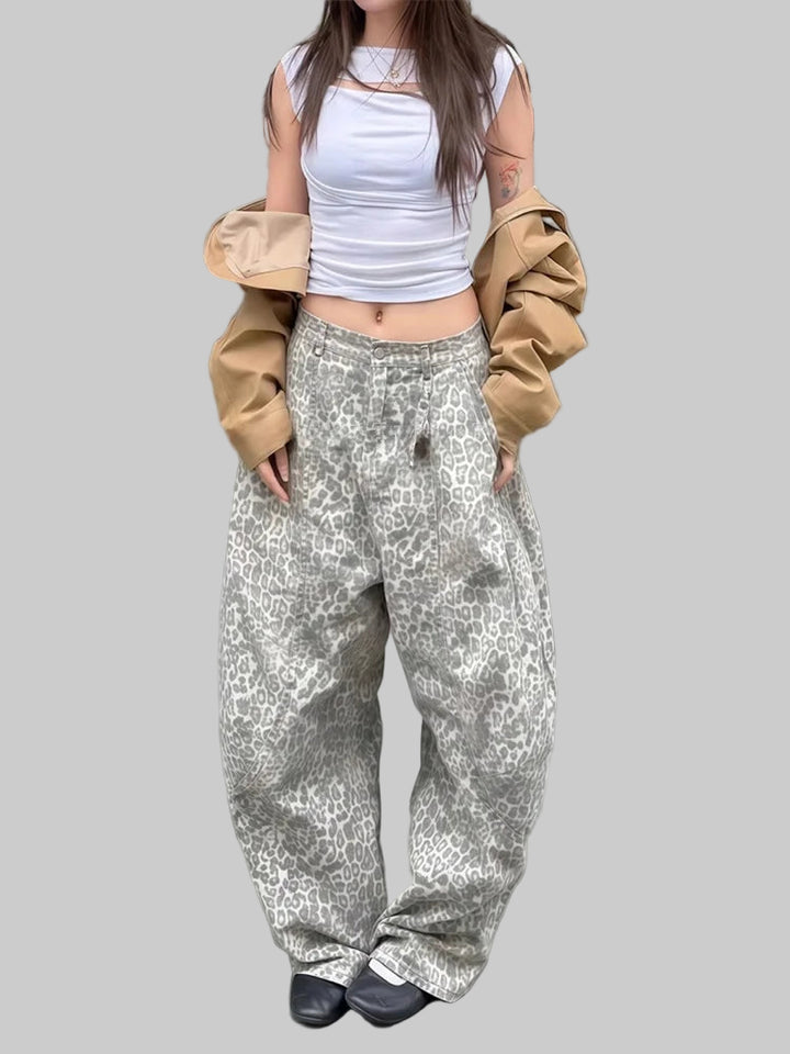 American Retro Stitching Leopard Print Pants
