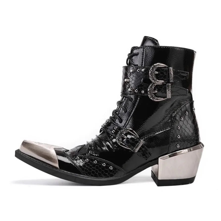 Punk Dark Rock Snake Print Western Boots